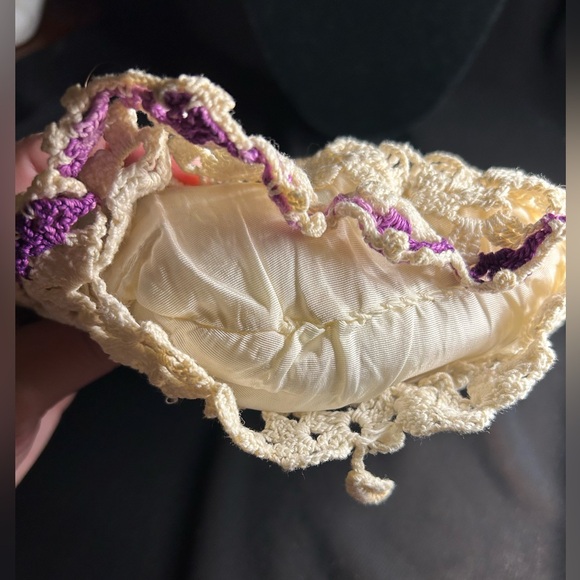 VTG Pretty Crocheted Purple and White Covering on Satin Heart Pillow. - Picture 6 of 9